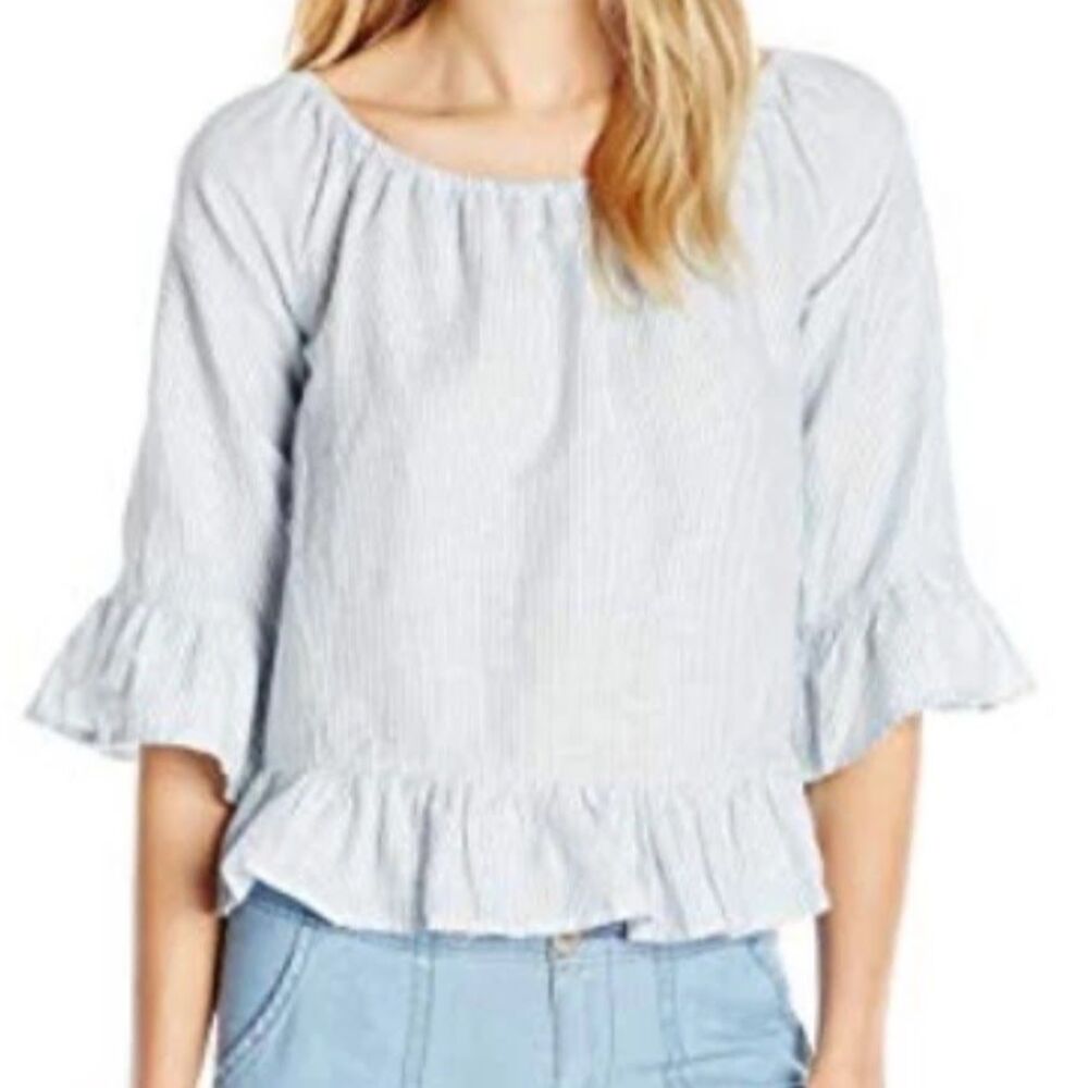 NWT Sanctuary Anthropologie Julia Loom Pin Stripe Blouse White Blue Ruffle Top M